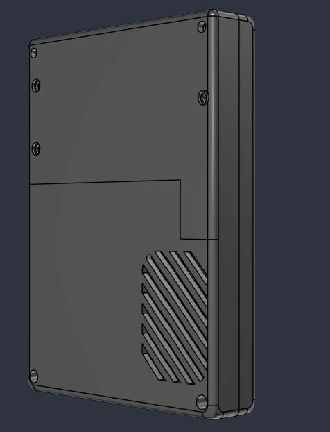 3D-printed case CAD render, side/rear angled view